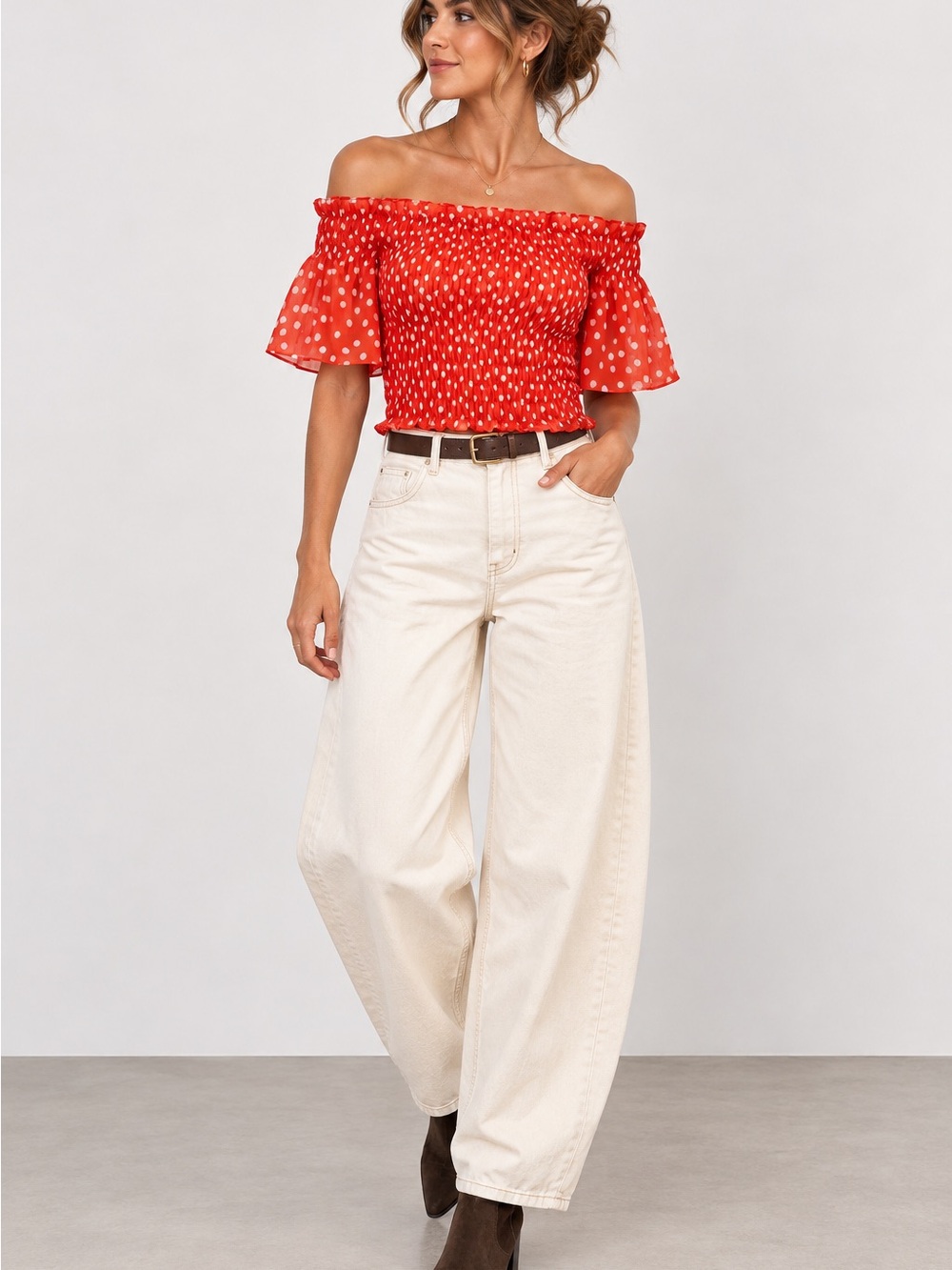 L’AGENCE Bexley Orange Polka Dot Smocked Off Shoulder Top Size S NWOT